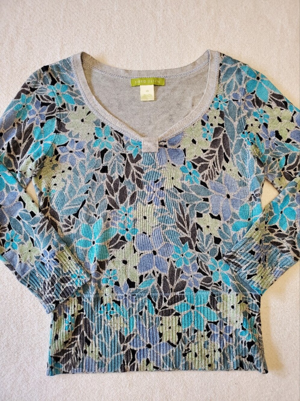 Sigrid Olsen Womens XS Silk Rayon Knit Top Blue Teal Floral Ribbed Longsleeved